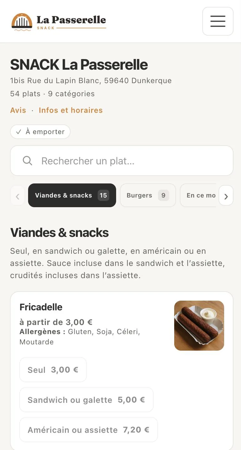Le site de SNACK La Passerelle sur un téléphone : sa carte en ligne